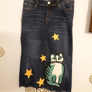 C Establish 1946 Y2K Cat & Stars Denim Patch Jean Skirt Size 12 (V…